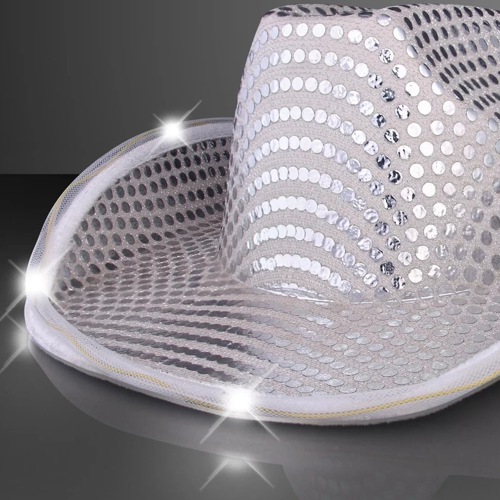 Flashing LED Lights Silver Sequin Cowboy Holiday Hat